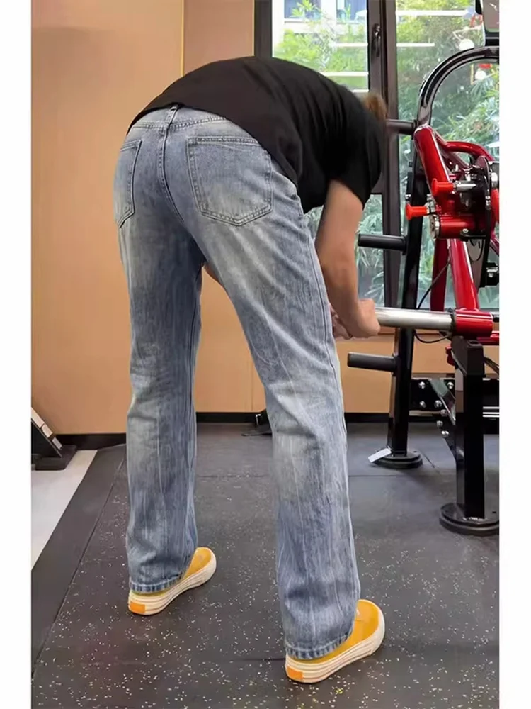 

American Retro Lightning Pattern Bell Bot Jeans Men's Straight Leg Slimming High Street Vibe Knife Denim Pants