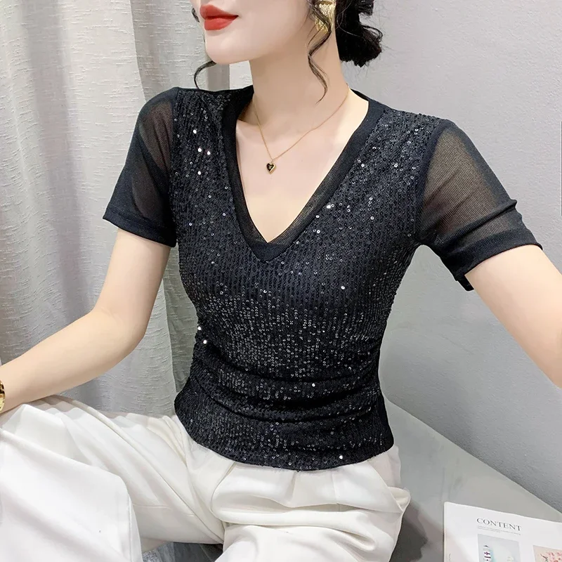 

2023 Summer New V-neck Black Mesh Sequin Splice Short Sleeve T-shirt Pleated Women's Top Underlay Korean Free Shipping топ