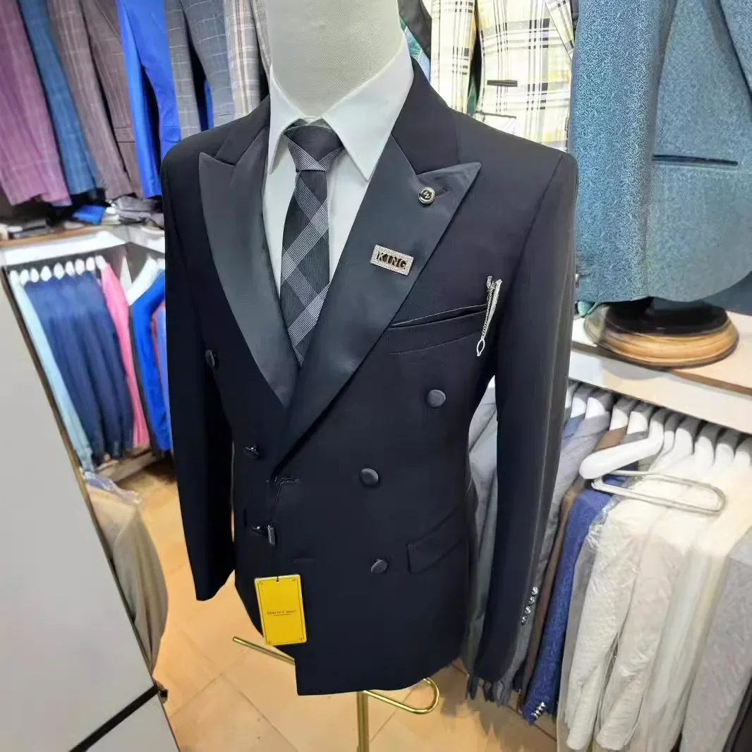 Trajes formales para hombre, esmoquin de novio de doble botonadura, 2 uds., para boda, solapa de pico, traje de moda masculina, chaqueta con pantalones