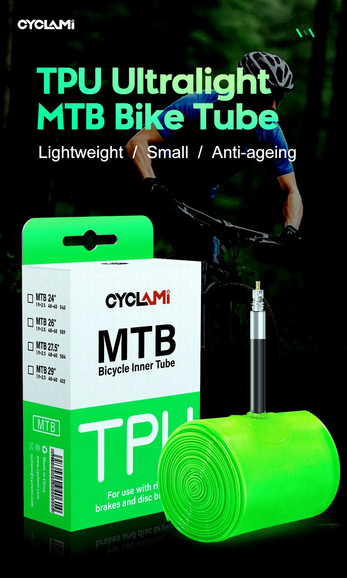 10 Stück CYCLAMI Ultraleichter TPU-Fahrradschlauch MTB 26 27,5 29 Zoll Fahrrad 63 g French Valve Reifenreparaturwerkzeuge Radfahren Großhändler – Detail 2
