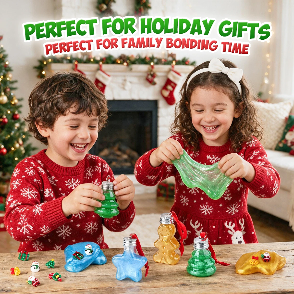 Christmas Tree Bottle Slime Kit, 4Pcs DIY Slime Set with Xmas Charms Slices, Stretchy Non-Sticky Slime Toy, Kids Christmas Gift