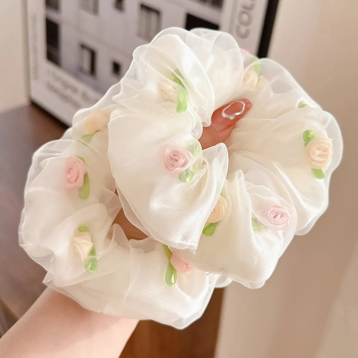 

Fashion Korean Summer Rose Flower Large Intestine Hair Rope Headband Women Mesh Elastic Hair Bands Scrunchie Hair Accessories
