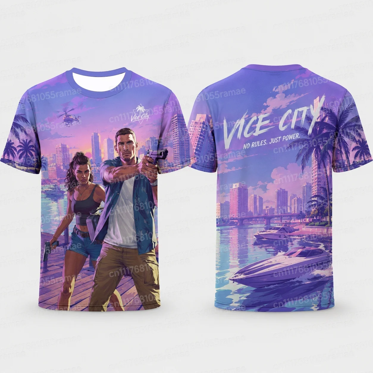 Vice City Retro Synthwave T-Shirt mit beidseitigem Aufdruck, Unisex, Miami-Palmenmuster, Sport-T-Shirt, atmungsaktives Mesh-Material, schnelltrocknend, Streetwear-Oberteil. – Detail 11