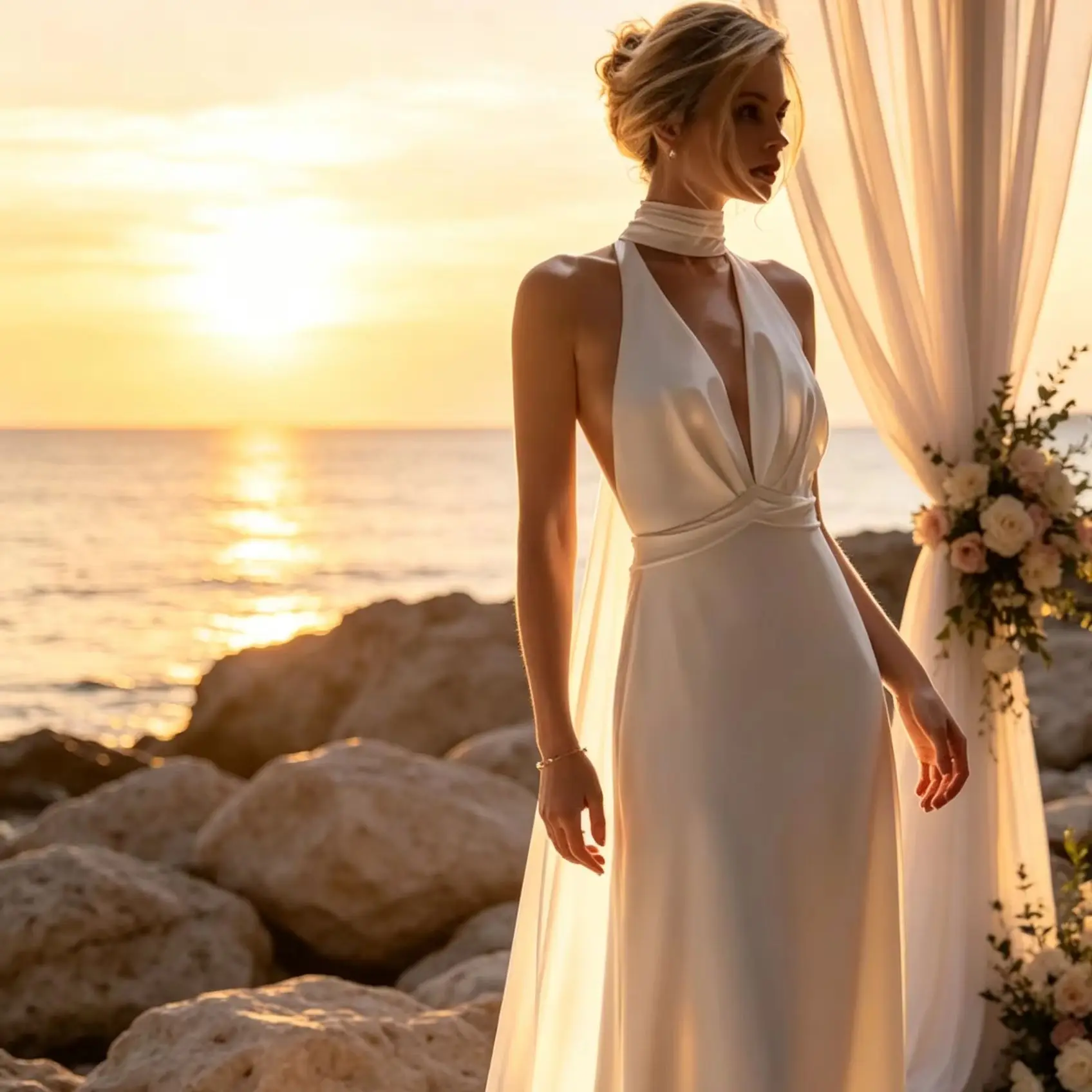 Halter DeepV Neck Satin Wedding Dress For Women Open Back Floor Length Chapel Train Slim Fit Elegant Bridal Gown For Photo Shoot