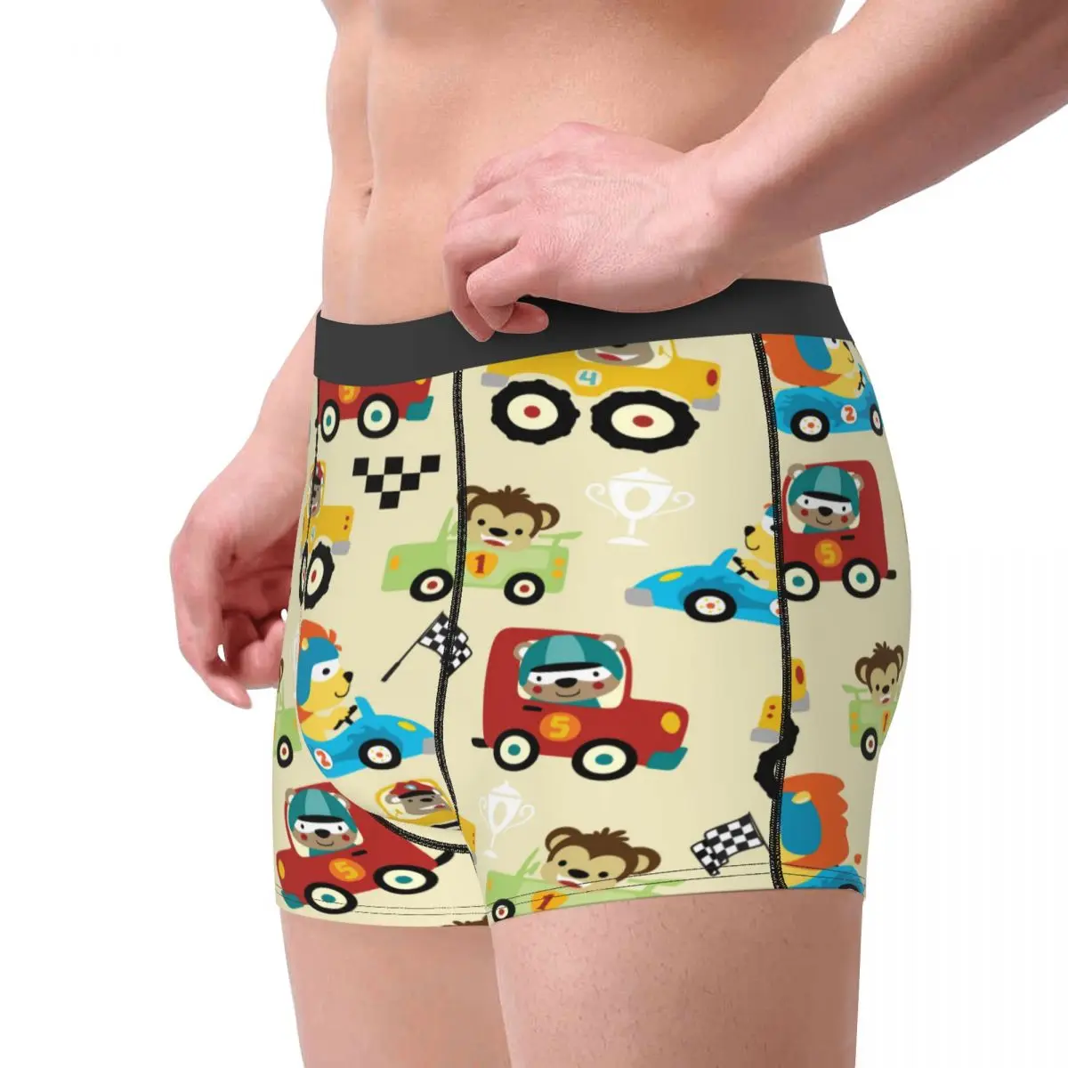 Men's Cartoon Car Racing Boxer Underwear, Funny Racer Shorts, Comfortable Boxer, Male Panties