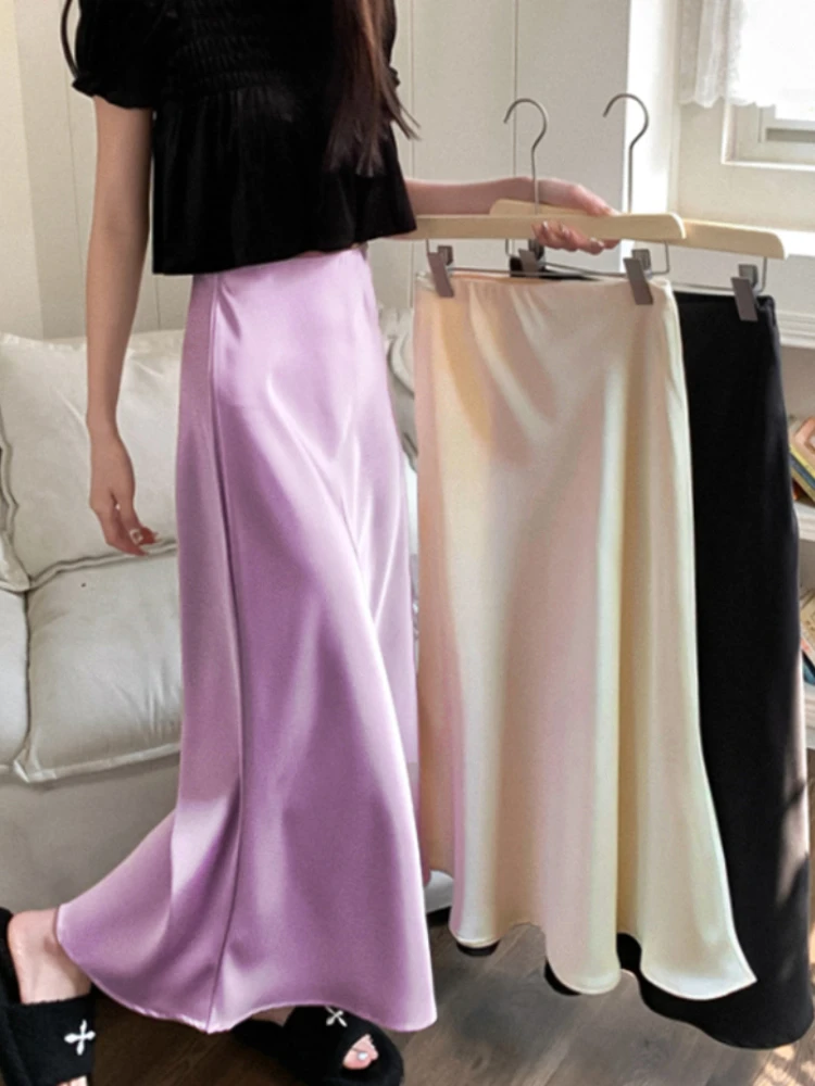 

Elegant Women's Skirts High Waist Silk Satin A-line Skirt Lady Fashion Solid Color Purple Long Skirts for Women Fashion 2023