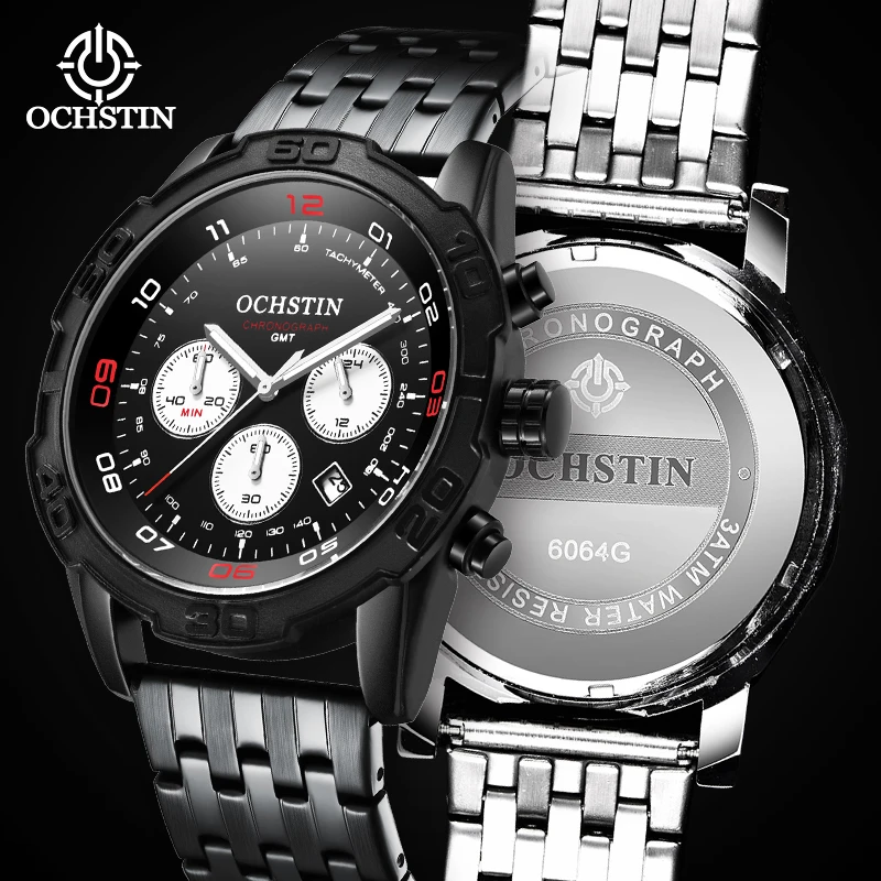 

OCHSTIN Originale Series Stainless Steel Strap Multi-function Quartz Movement Watch Black Silver Shell Trend Change Men's Watch