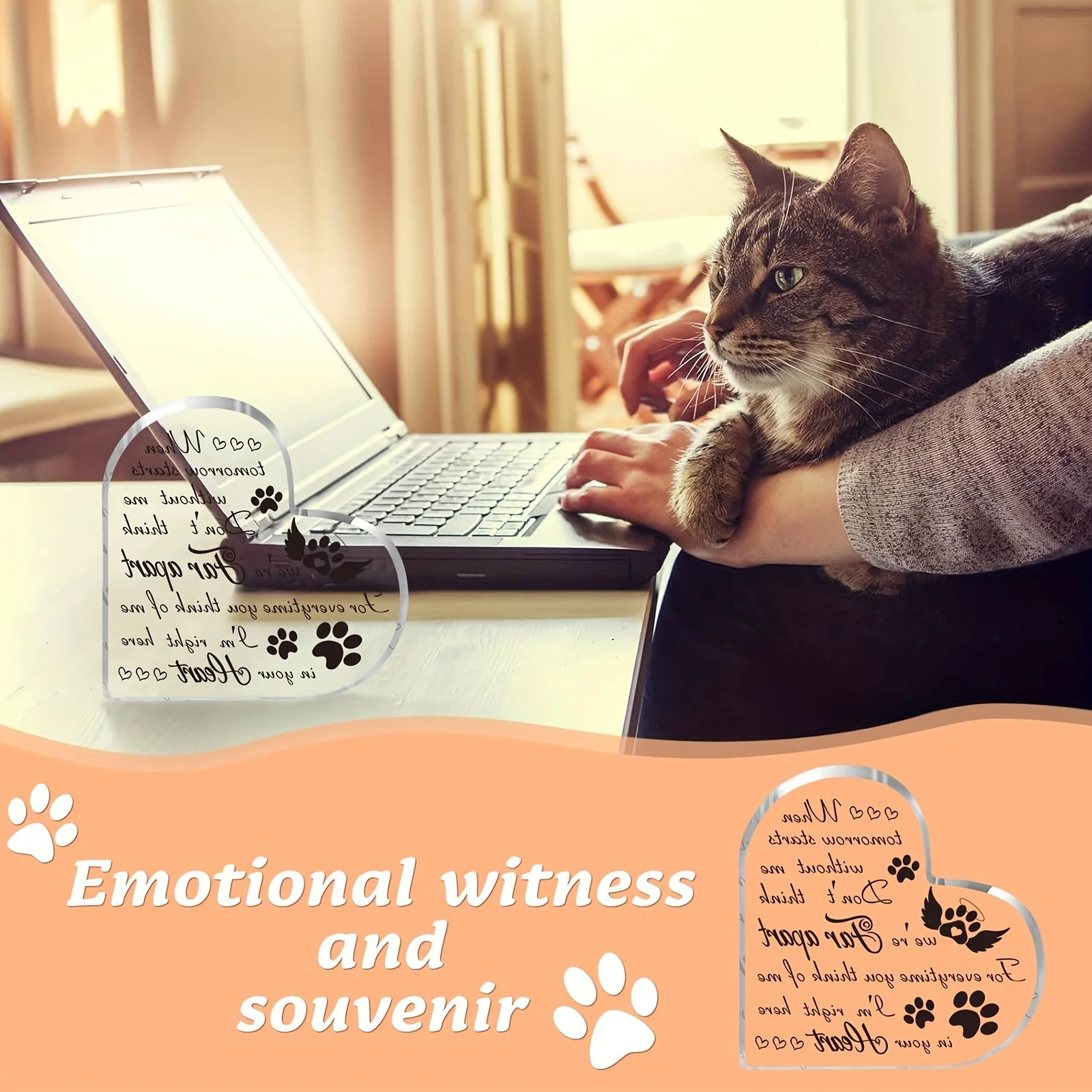 2D， Heart shaped acrylic desktop decoration - paw print design, a consolation gift for the loss of a beloved dog or cat