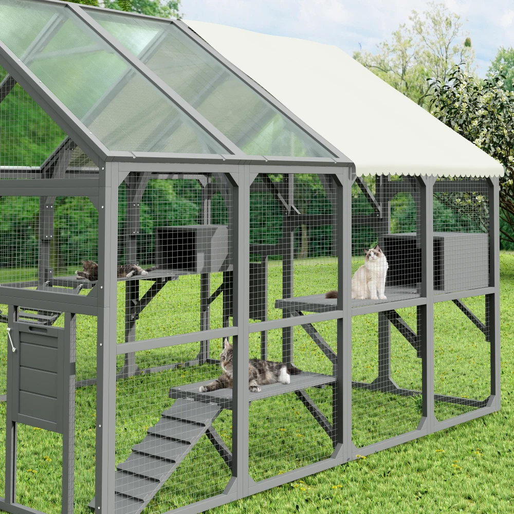 Ye Large Catio Outdoor Cat Enclosure for Multiple Kittens - Wooden Cat House with 7 Platforms, 2 Resting Boxes, 1 Bridge, 1 Ramp, Walk-in Kitty Cage Kennel with Sunshine Board Roof, Gray view 4