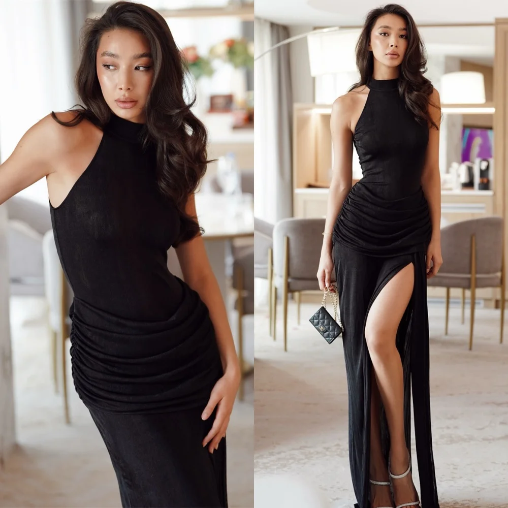 

Customized Simple Black Jersey Evening Dresses Formal Halter Sleeveless Homecoming Dresses Classic Special Occasion Gowns