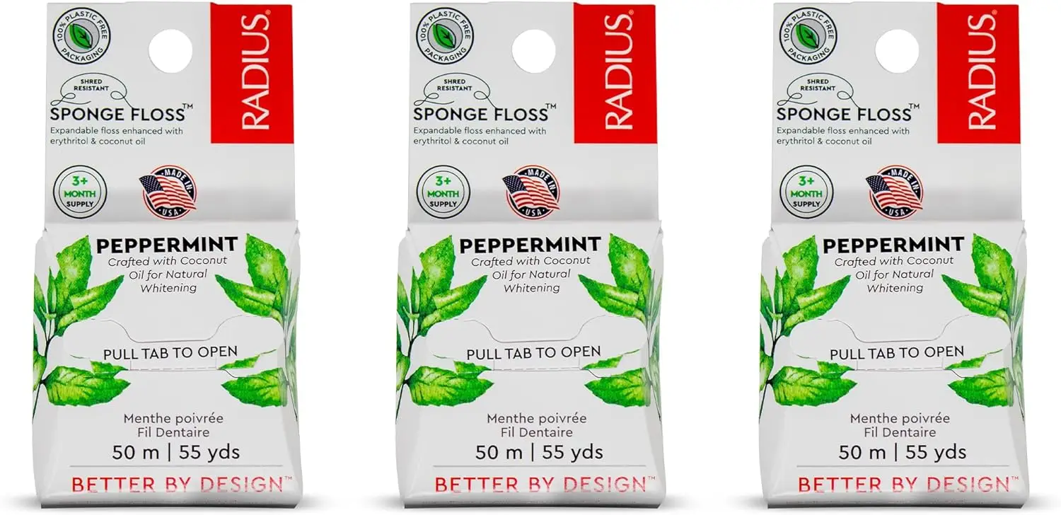 

Natural Sponge Dental Floss, Peppermint, 55 Yards, Pack of 3 - Vegan, Non-Toxic, Plastic-Free Oral Care