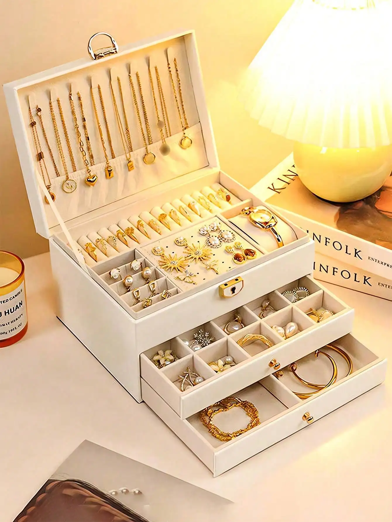 

1pc Large-Capacity Three-Layer Jewelry Box,[US-Based Shipping]Pu Leather Multi-Functional Jewelry Box, Watch Box With Lock, 3-Layer Large Capacity Jewelry Storage Box, For Earrings, Rings, Watches, Bracelets And Other Accessories, Organizing And Storing,
