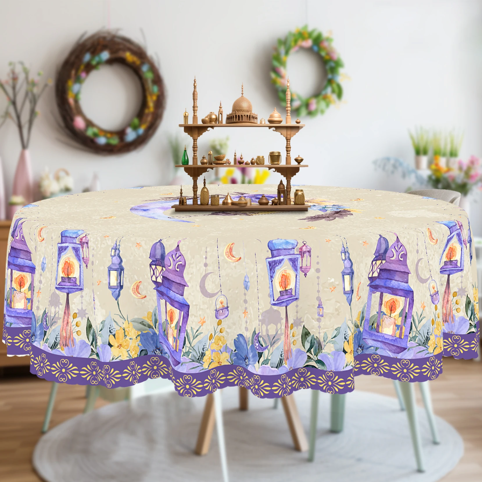 Ramadan Ink Wash Style Tablecloth, Fresh and Elegant Light Purple and Yellow Floral Ramadan, Vintage Islamic Style Ramadan Lamp, Classic Gilt Geometric Pattern Print, Embossed Edges, Waterproof, Wrinkle-Resistant, Fade-Resistant, Suitable for Home Kitchen Room Decoration, Ramadan Festival Decorative Tablecloth, Indoor and Outdoor Personalized Decoration, Perfect Gift for Family and Friends, Square and Round Tablecloth Table Cover, Suitable for Spring, Summer, Autumn, and Winter T030