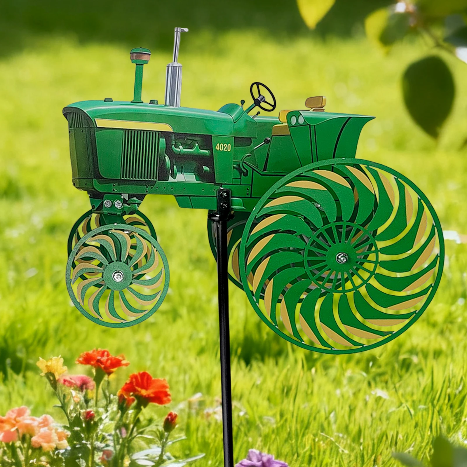 Garden Wind Spinner,Green Tractor Windmill Stake with Rotating Wheels for Patio Yard Garden,Unique Outdoor Sculptures Ornament