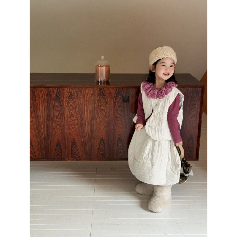 2025Winter New Children's Clothing Children's Clothing Girls' Quilted Vest+Cotton Dress Children's Quilted Cotton Set