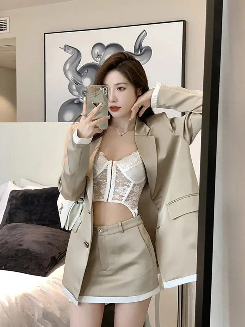 Two-Piece Suit for Women, Single-Breasted Top, Short Skirt for Office Ladies, Elegant Temperament, Korean Fashion Style, Fall