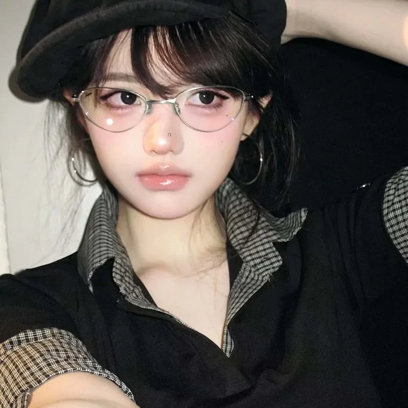 نظارات عين القطة المعدنية العتيقة Y2K إكسسوارات نظارات شفافة بدون إطار نظارات حجب الضوء الأزرق للنساء والفتيات