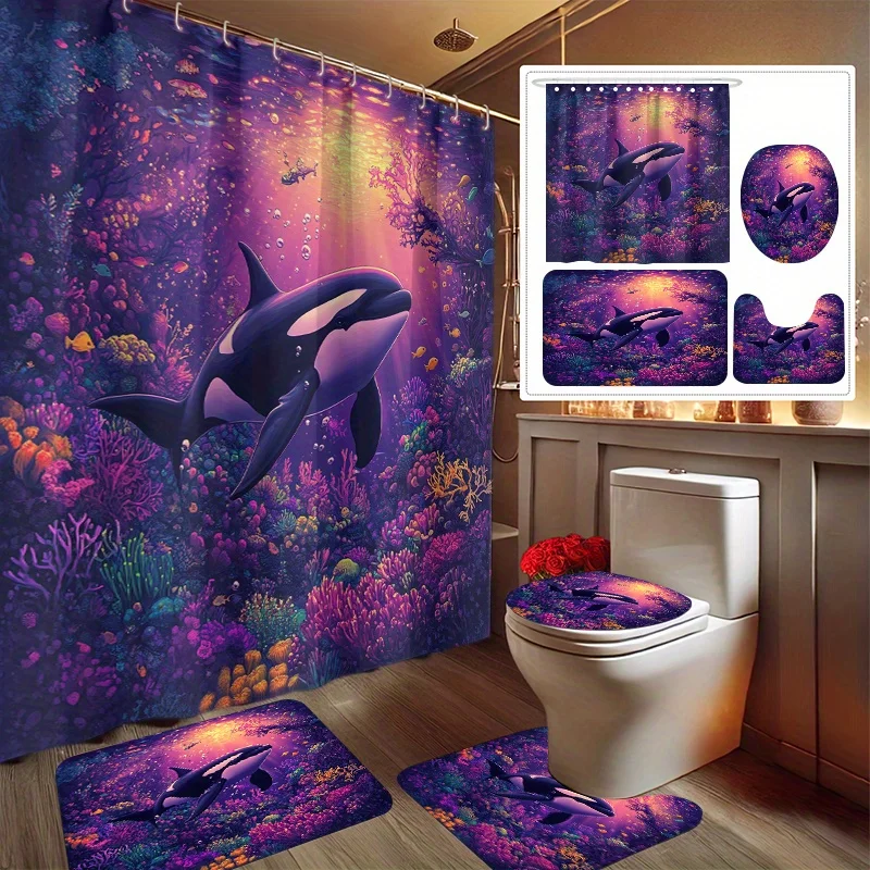 

4pcs Ocean Festival Printed Shower Curtain Set, Decorative Bathroom Set Includes Shower Curtain, Non-Slip Floor Mat, Toilet