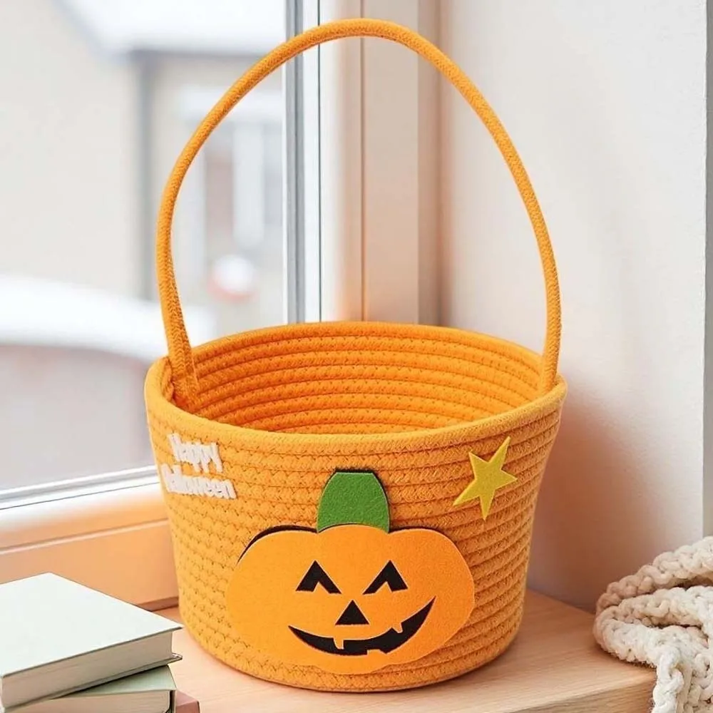 Cotton Pumpkin Candy Bucket Orange Portable Trick Treat Tote Eco-friendly Braided Woven Storage Pouch Home