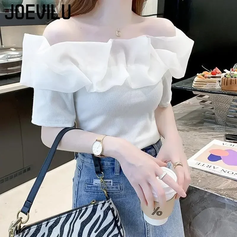 Off Shoulder Top Sexy Exposed Clavicle Ruffled Short Sleeve T-shirt Female Summer Chic Elegant Blouses Niche Fairy Kawaii Tops