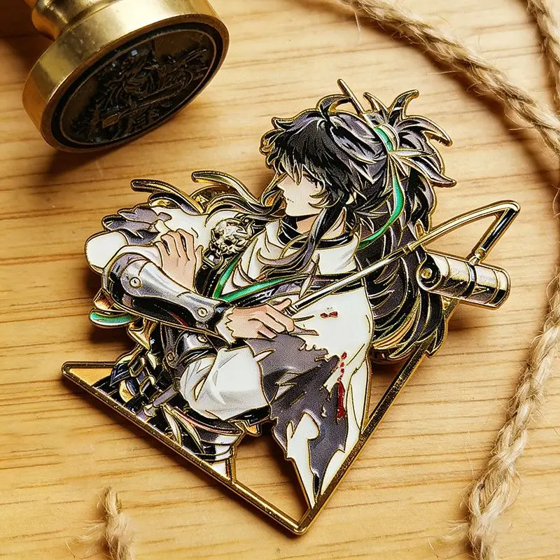 Golden Frame Ancient Chinese Warrior Enamel Pin Oriental Swordsman Scroll Metal Brooch Backpack Clothes Decor Gift