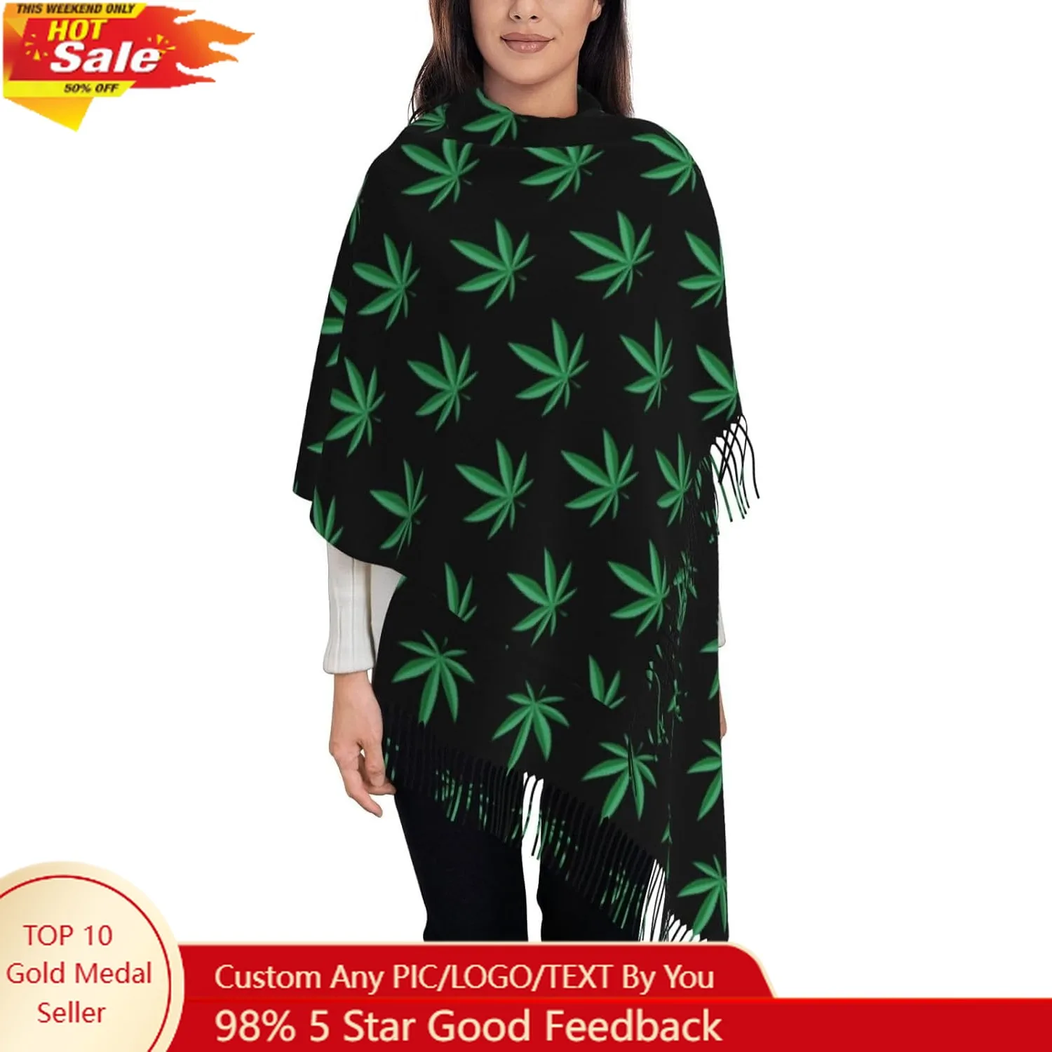 

Weed Cannabis Scarf Man Womens Thick Muffler Cashmere Feel Shawl Wrap Classic Tassel Scarves Lightweight Accessories Neckerchief
