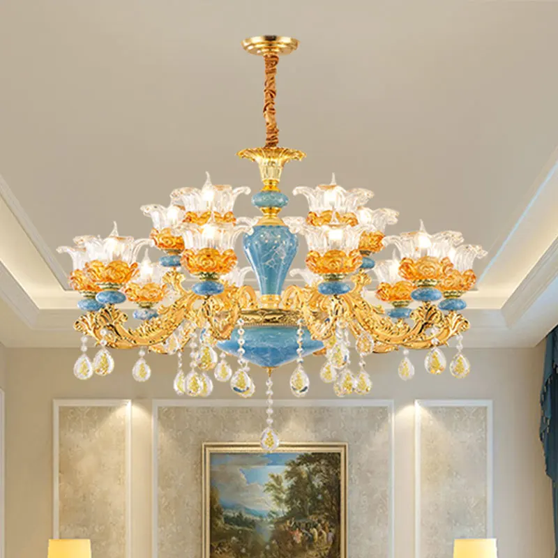 European Style Crystal Living Room Ceramic Chandelier High-end Atmospheric Hotel Self Built Duplex Building Light Luxury
