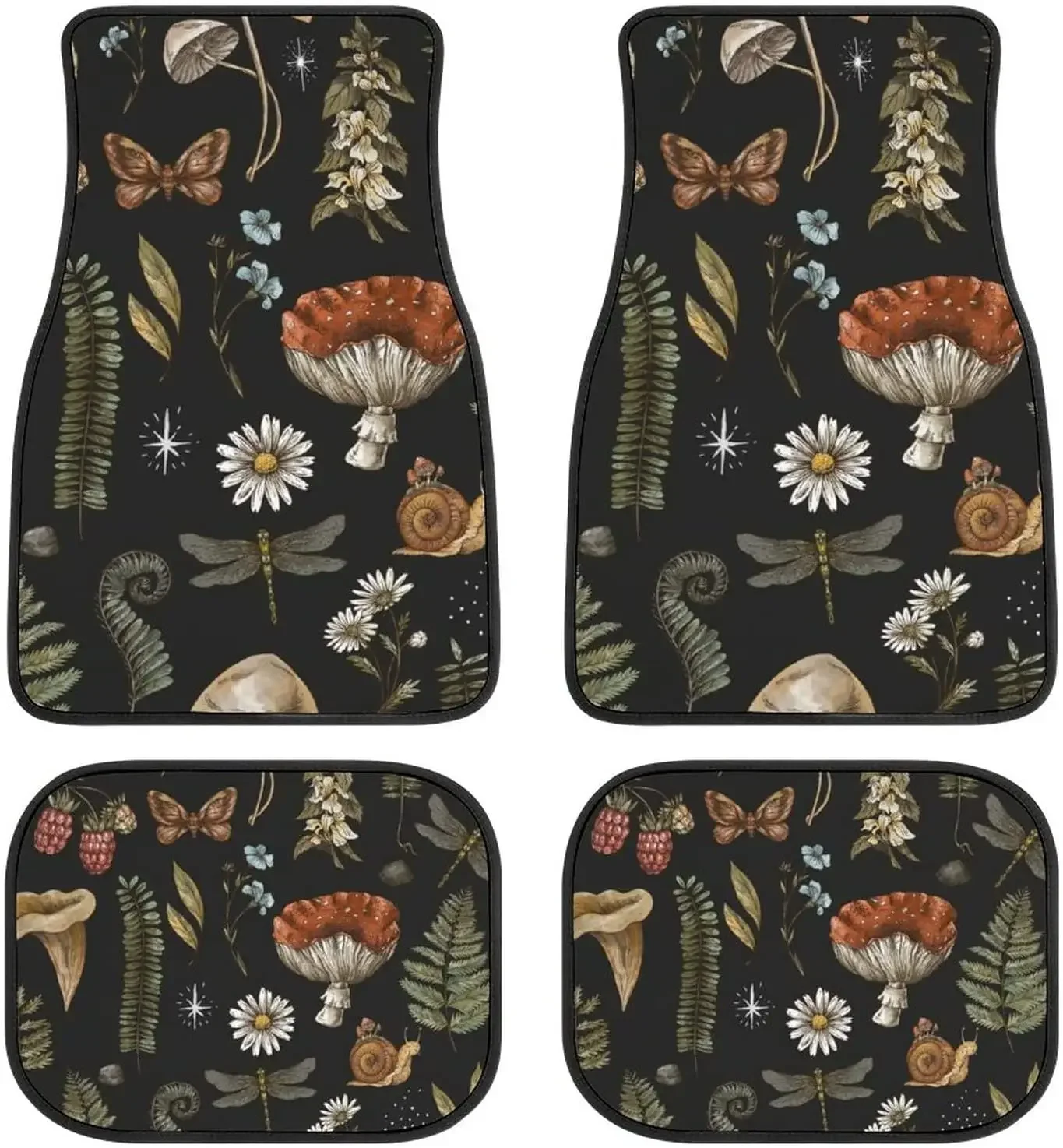 4 Pieces Car Floor Mats,Daisy Butterfly Dragonfly Mushroom Automotive Mats,Rubber Non-Slip Floor Mats,Car Decor Accessories
