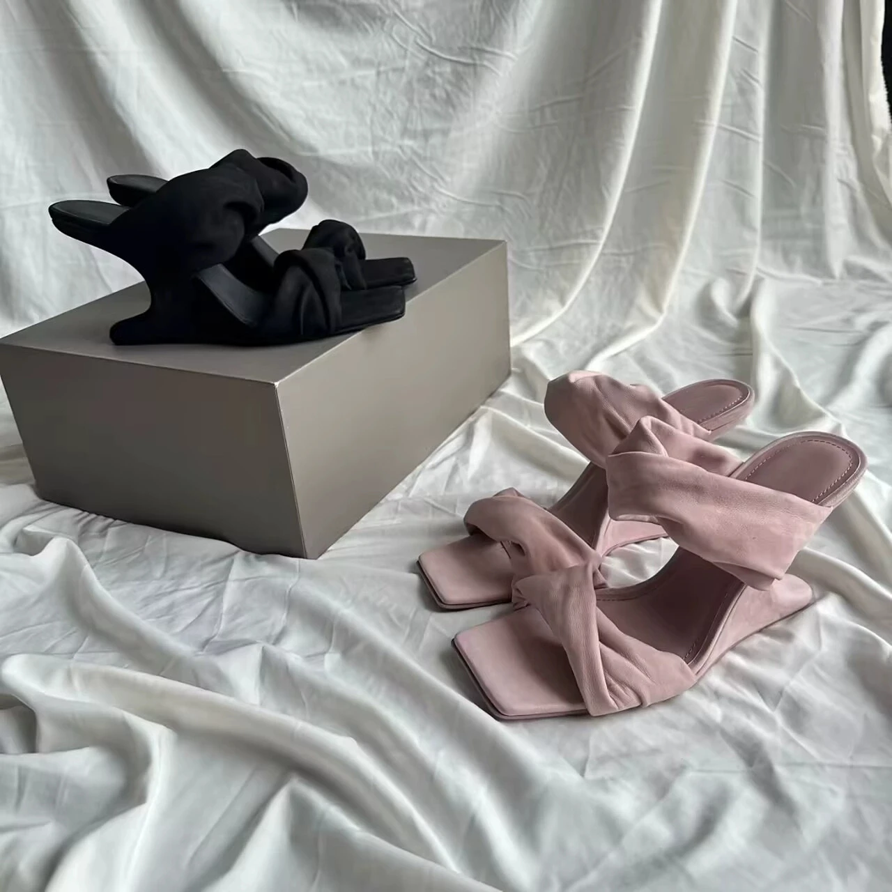 

Women Dusty Pink Suede Twisted Strap Mule Slides Square Open Toe Sculptural Alien Wedge Heel Sandals Backless Slip-On Party