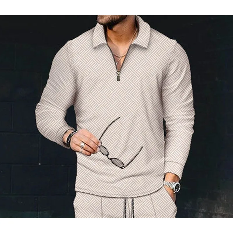 Retro Half Zipper Flip Collar Men's Casual Sports Shirt Solid Color Loose Sleeve Street T-shirt Handsome Top