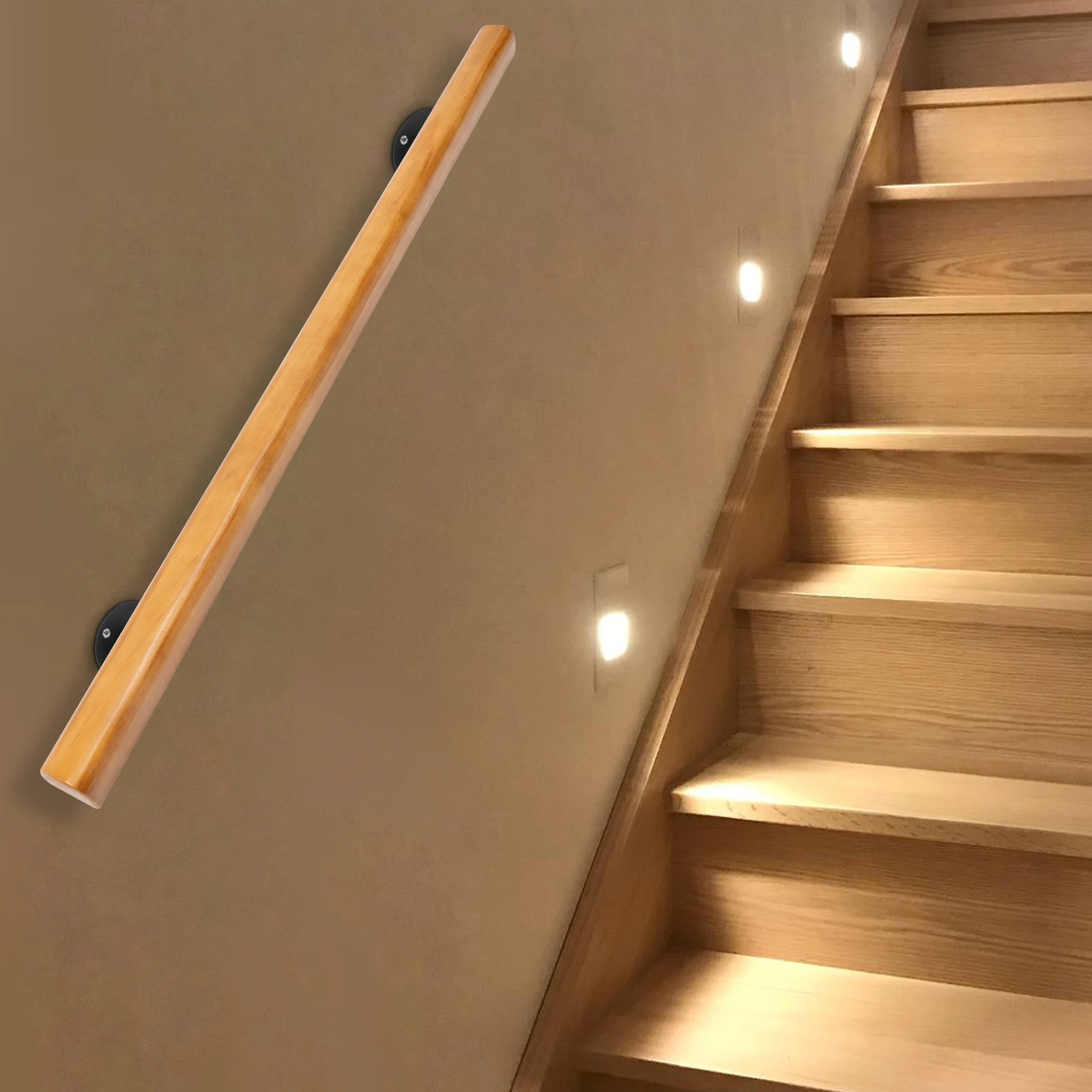4FT Bracket Solid Wood Stair Handrail, Non-Slip Interior Staircase Safety Railing, Premium Pine Wood Guardrail Support System