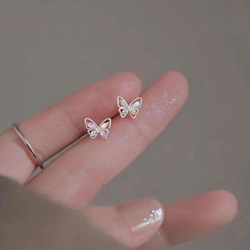 Korean Sweet Colorful Butterfly Stud Earrings for Women Girls Silver Color With Zircon Birthday Party Ear Piercing Jewelry Gift