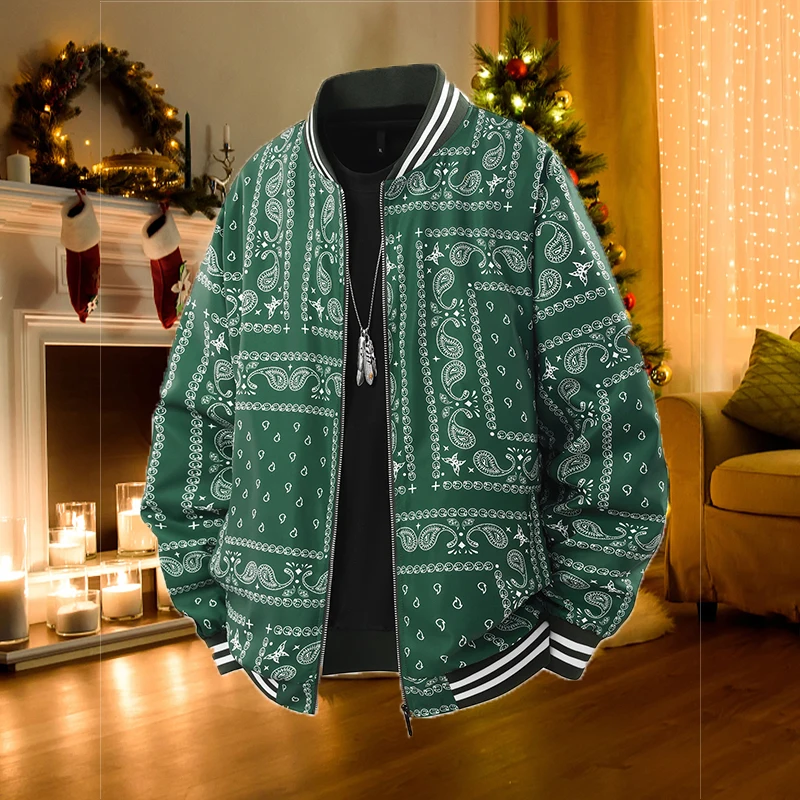 

Varsity Jacket Men's Colorblock Letter Graphic Long Sleeve Baseball Jacket Bomber Coat Trendy Hip Hop Green Bandana Print
