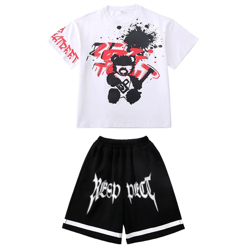 Abbigliamento Hip Hop Kpop per bambini T-shirt con stampa bianca Top Pantaloncini estivi casual da strada neri per abiti da ballo jazz per ragazza ragazzo
