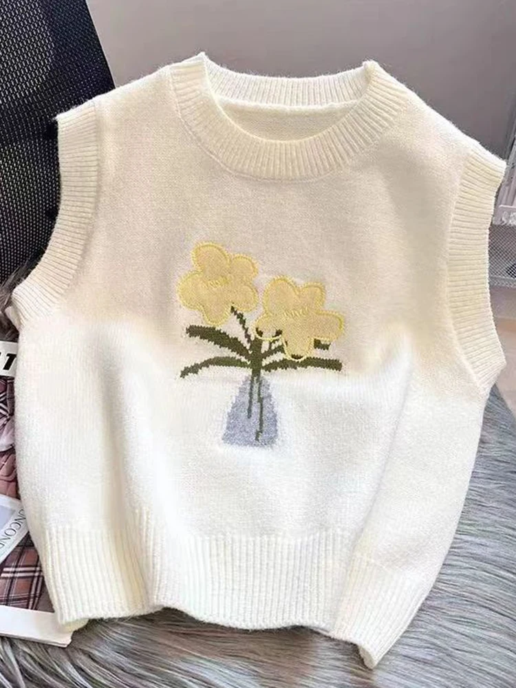 

Fashion Floral Knitted Vests Coat Women Japan Preppy Style Cute Tops Fall Winter Loose O Neck Female Gray Vest New