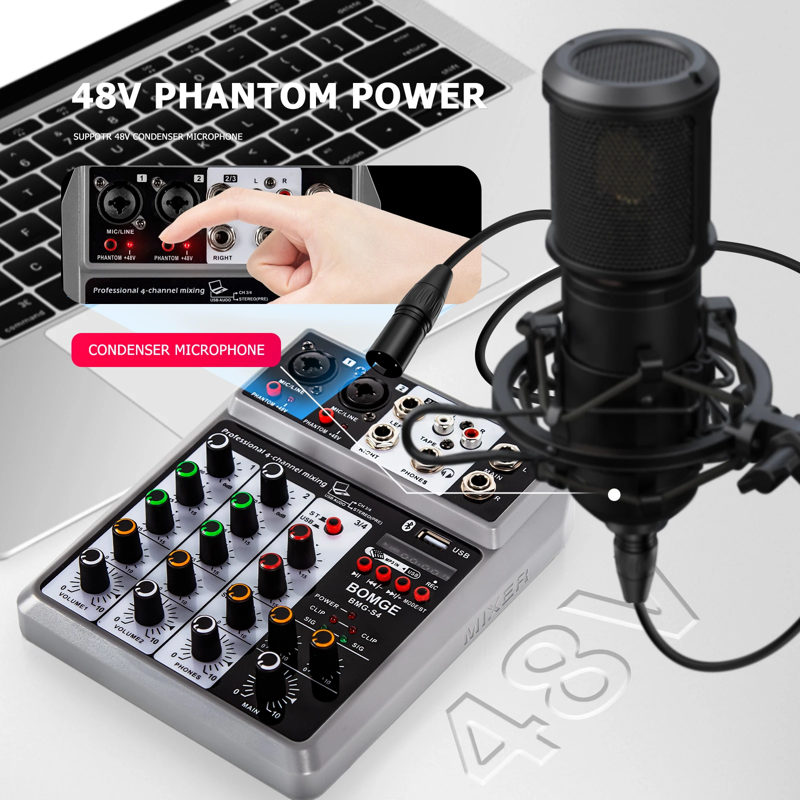 BOMGE Professional 4 channel Audio Mixer Sound Board Mixing Console Digital USB Bluetooth Echo Delay Effect Input 48V Phantom