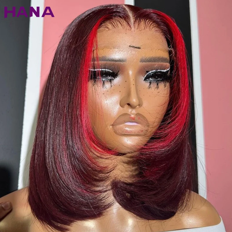 180% Density 99J Dark Burgundy With Cherry Red Bob Colored Straight Bob Wig 13x4 Big Lace Front Human Hair Wigs For Black Women