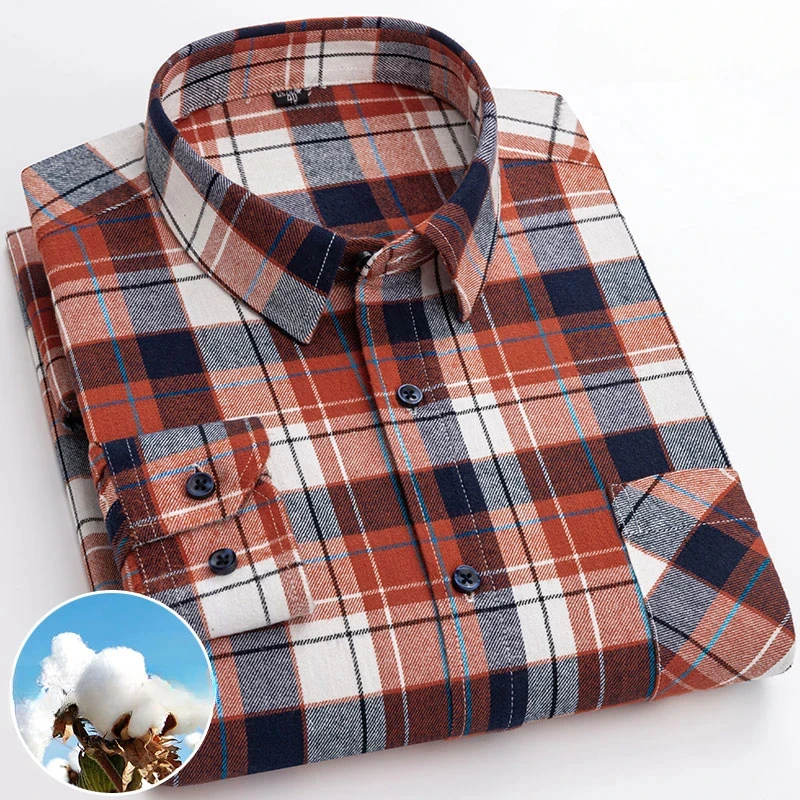 New in shirt plus size 6xl 100%cotton sanding long-sleeve shirts for men soft slim fit Casual plaid tops korean popular clothes