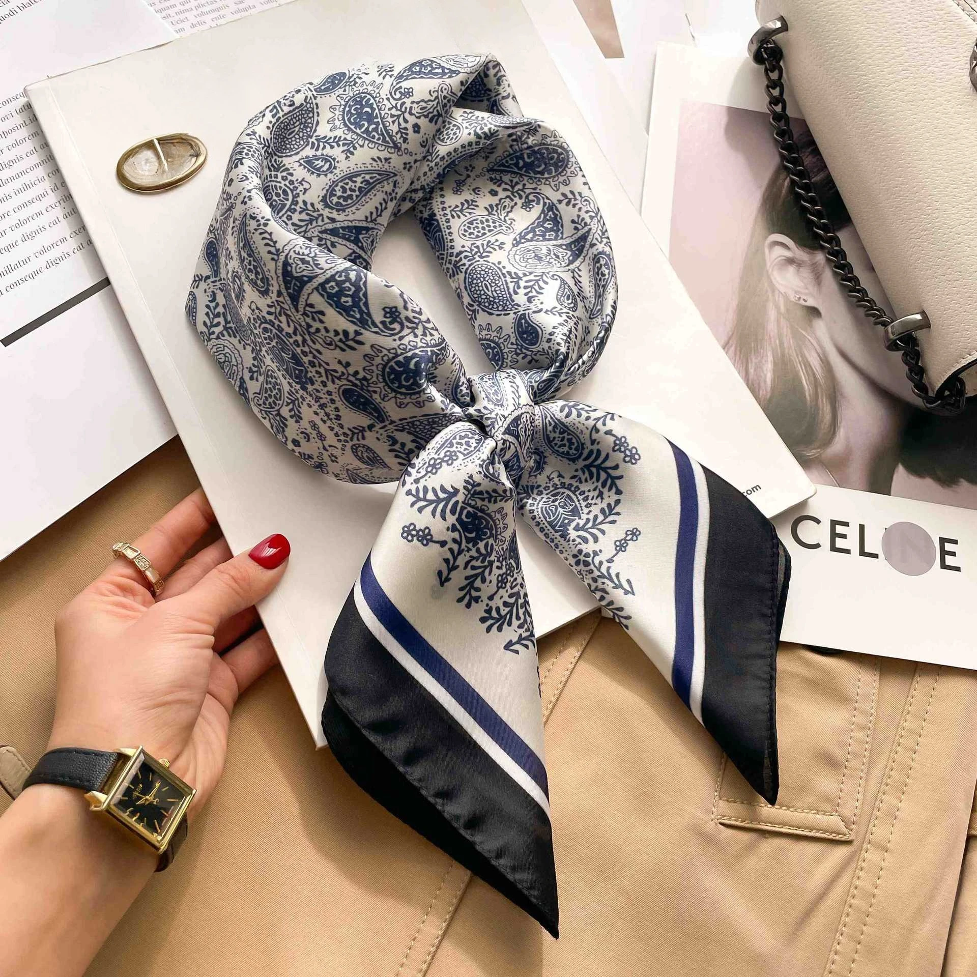 70cm Seiden-Quadrattuch für Damen, Luxuriöses Blumenmuster-Kerchief, Weiches Satin-Haarband, Handtaschenband, Foulard, Hijab, Halstuch, Stirnband – Detail 3