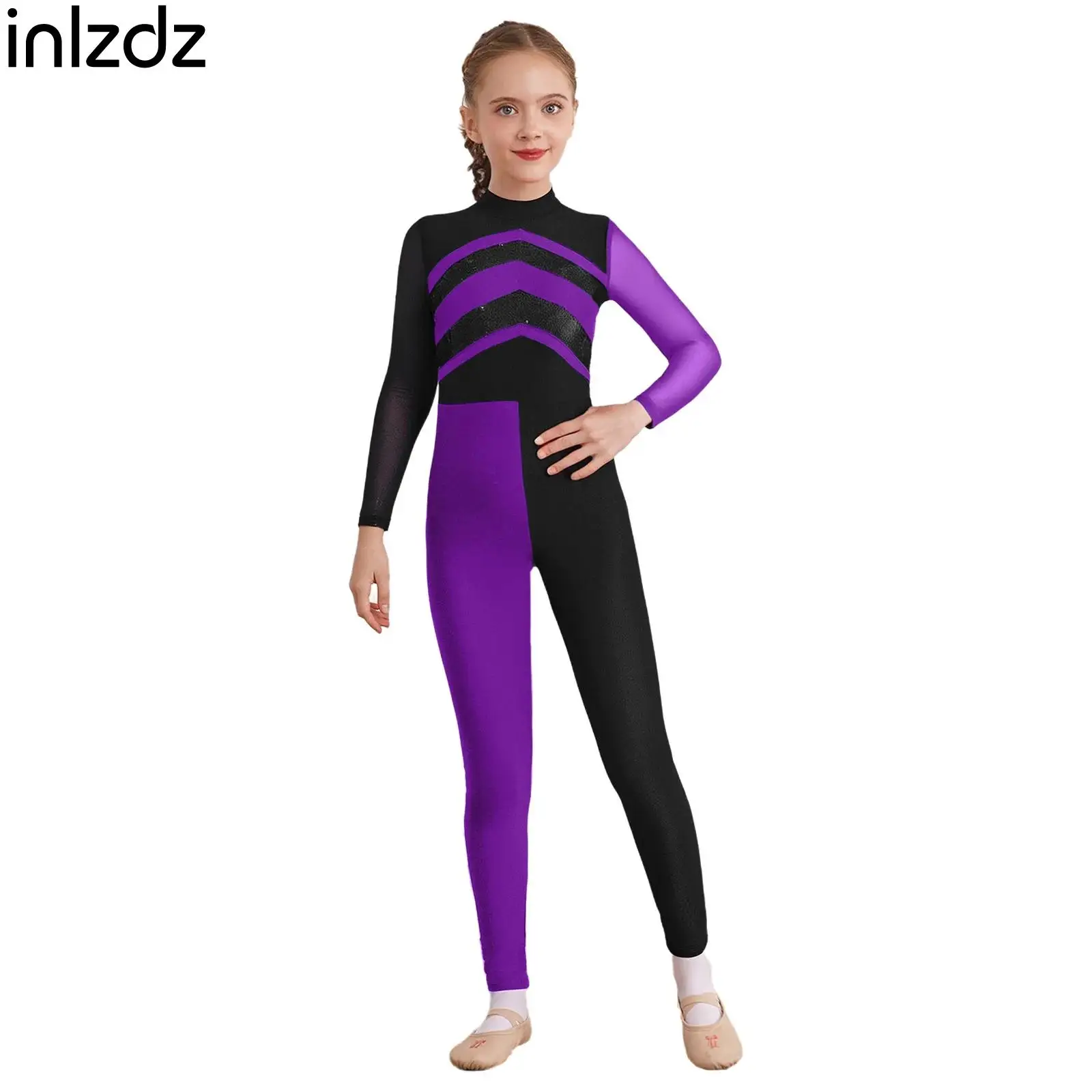 

Teen Girls Rhythmic Gymnastics Jumpsuit Figure Skating Dance Costume Kids Sequins Long Sleeves Jumpsuit Ballet Unitard Dancewear