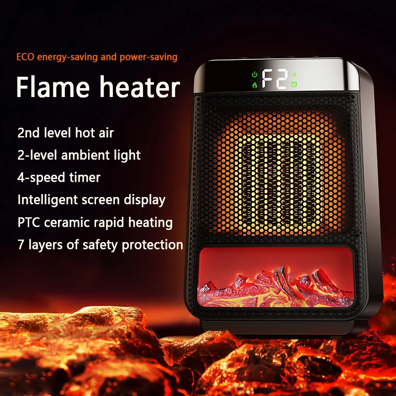 Portable 3D dynamic flame heater household heater silent and energy-saving PTC speed electric heater Timeable Electric Heater