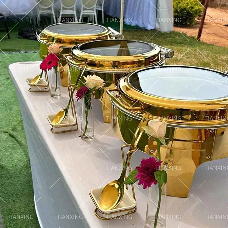 hydraulic hot pot wedding catering equipment buffet heater 6L stainless steel gold hot pot buffet set