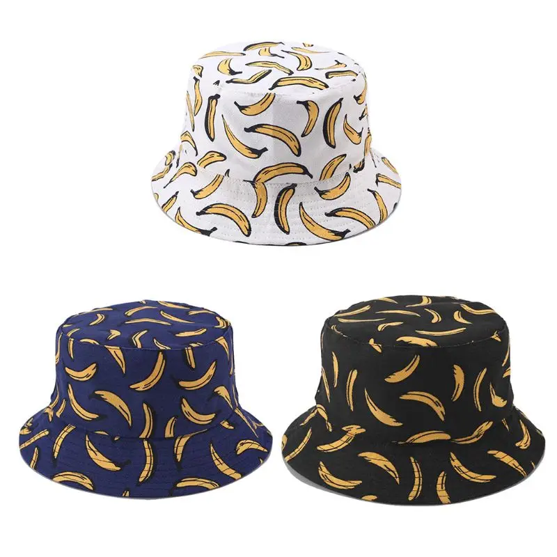 

Women Men Couples Bohemian Banana Print Bucket Hat Summer Reversible Packable Hi