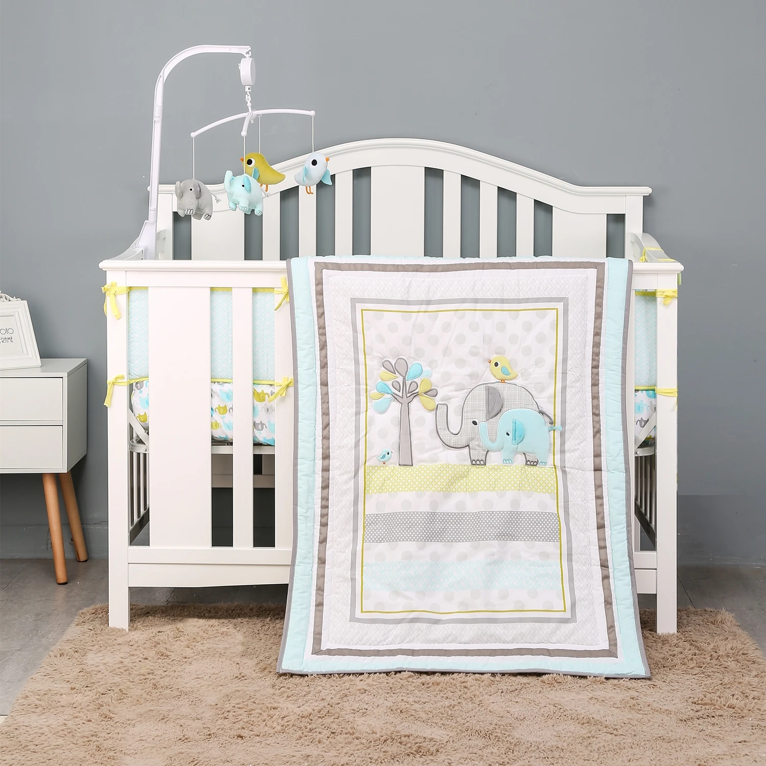 

7Pcs Jungle Baby Crib Bedding Set for Boys Girls Safari Nursery Set Elephant (4Bumper Crib Sheet Comforter Crib Skirt)