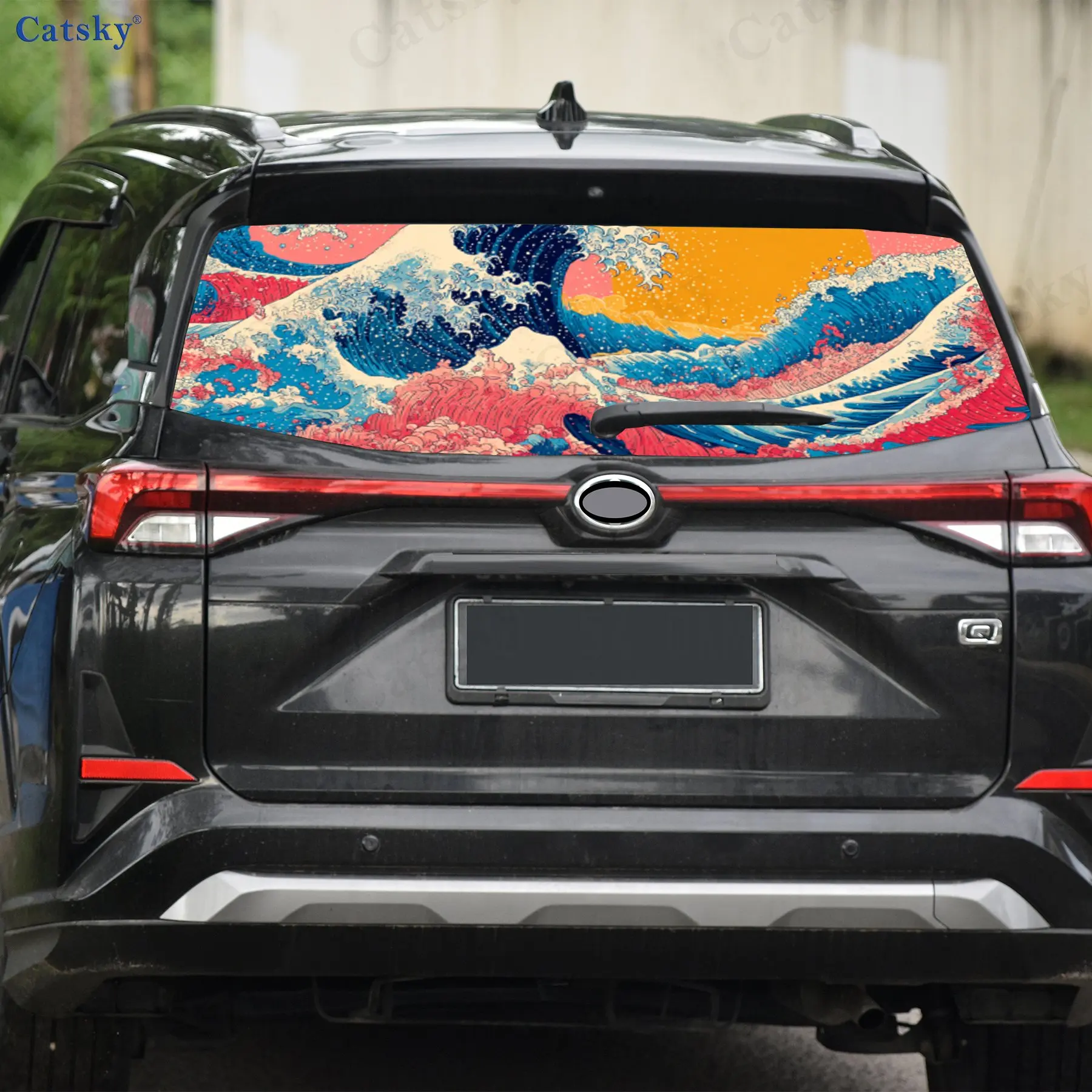 Bunte The Great Wave Ukiyo-e Art PVC-perforierte Auto-Vinylfolien, langlebiger Auto-Heckscheibenaufkleber, wasserdichter Auto-Heckwin