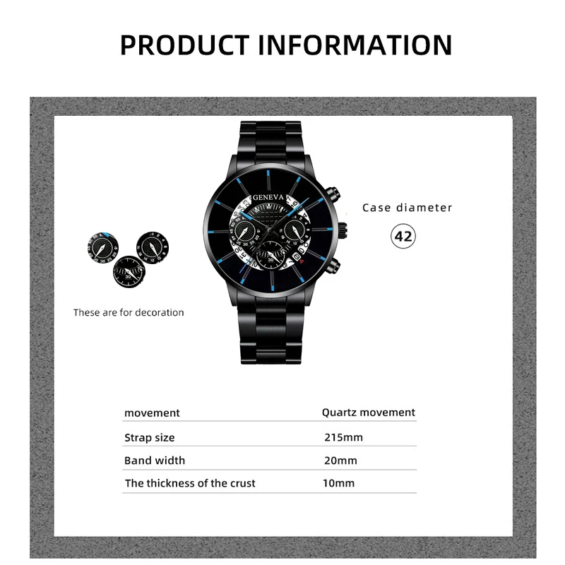 2PCs Fashion Business Men\'s Calendar Date Luxury Male Stainless Steel Quartz Wristwatch Black PU Leather Bracelet Set