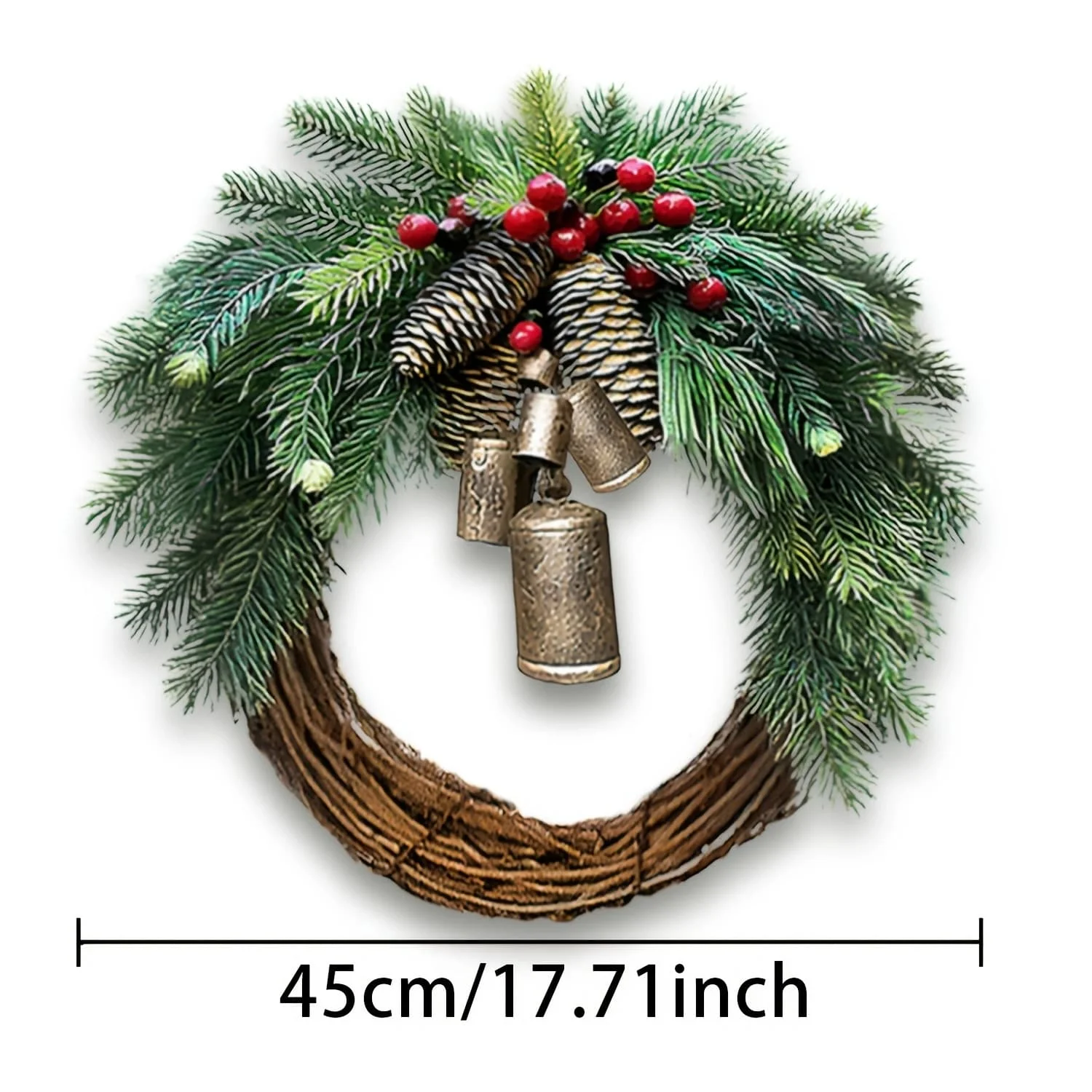 Front Door Wreath With Bells And Red Berries Rustic Farmhouse-Style Artificial Wreath, Suitable For All-Season Wreath Decor, Indoor/Outdoor Decor, Front Door, Window, And Yard Decor, Perfect For Fall, Winter, Christmas