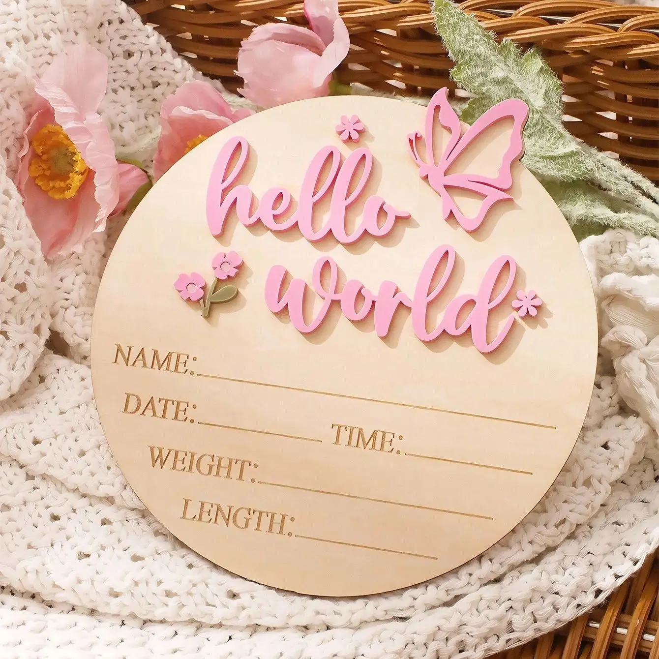 Ylsteed Hello World Newborn Name Sign Dusty Pink Butterfly Star Deco Baby Birth Announcement Sign For Hospital Newborn Props-HD