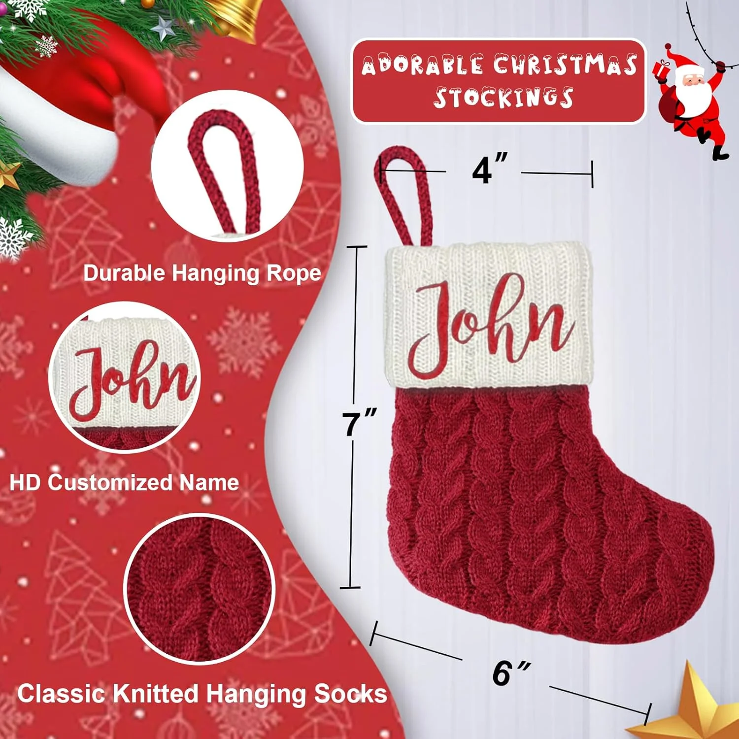 Maßgeschneiderte Mini-Weihnachtsstrümpfe mit Namen, rot, personalisierte gestrickte Weihnachtsstrümpfe für Kinder, Familien-Weihnachtsstrumpf für die Dekoration – Detail 1