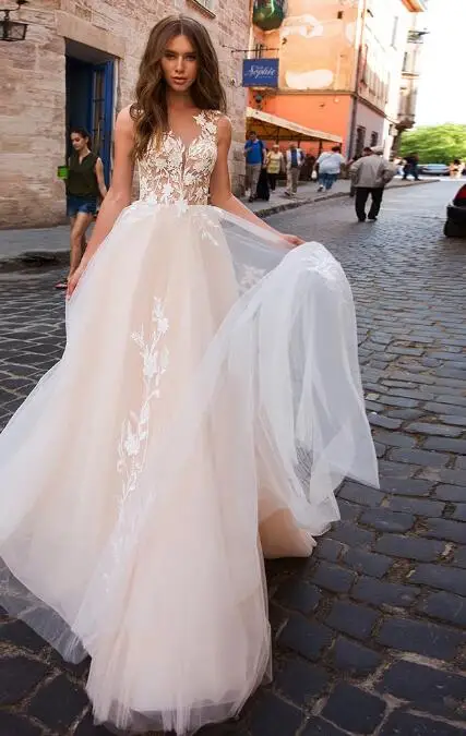 Robe de mariée en Tulle sans manches, couleur Champagne clair, col rond, avec des Appliques en dentelle, coupe trapèze, dos nu, 2022